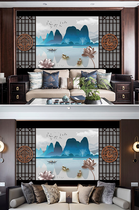 新中式山水3D荷花水墨电视背景墙