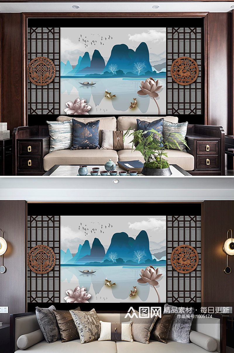 新中式山水3D荷花水墨电视背景墙素材
