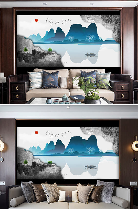 新中式山水风景画电视背景墙