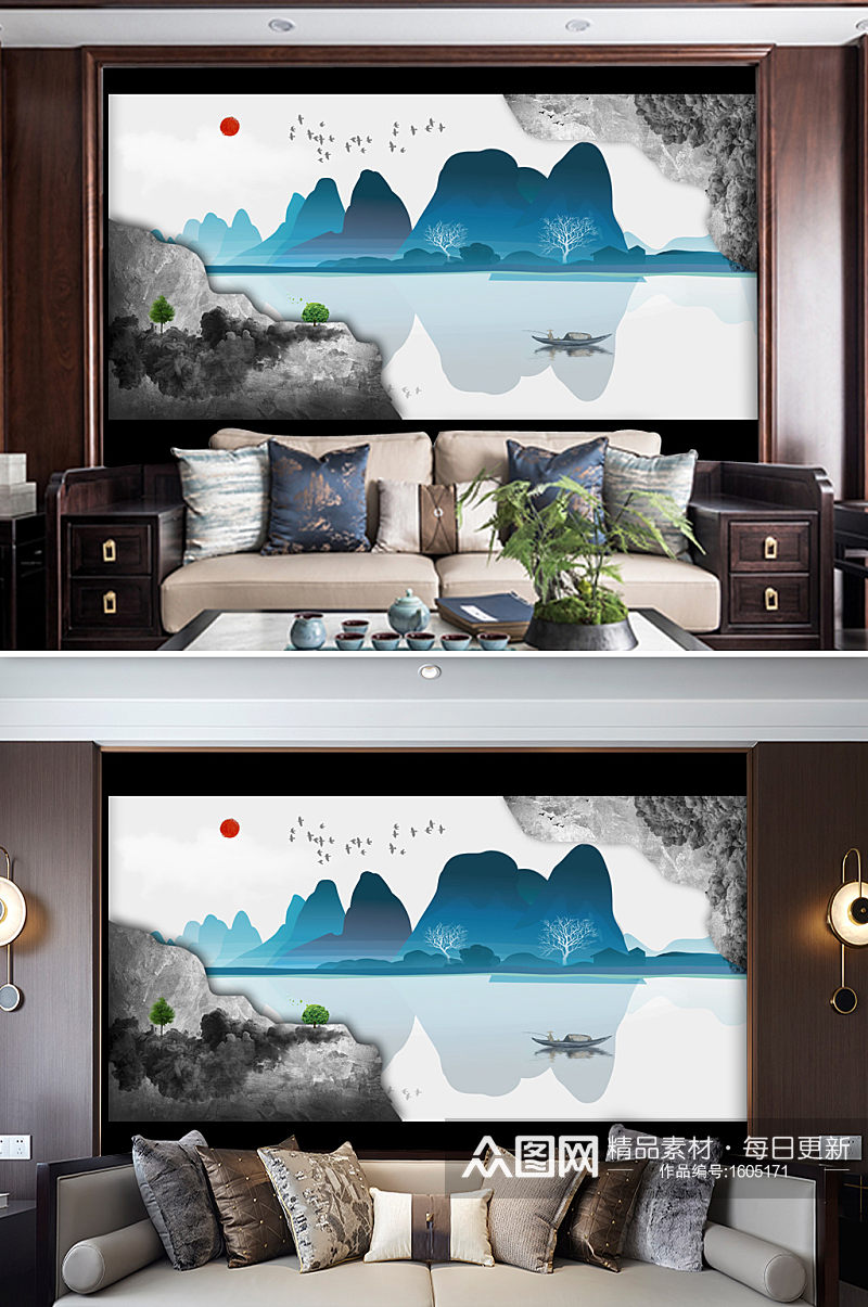 新中式山水风景画电视背景墙素材