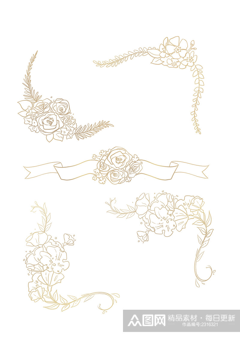 线描金色花卉植物装饰边框免扣元素素材