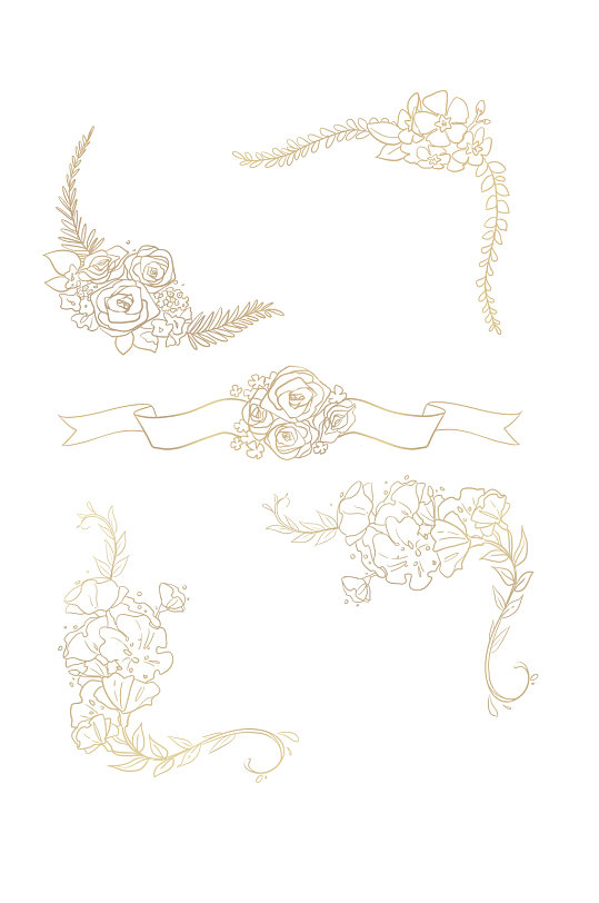 线描金色花卉植物装饰边框免扣元素