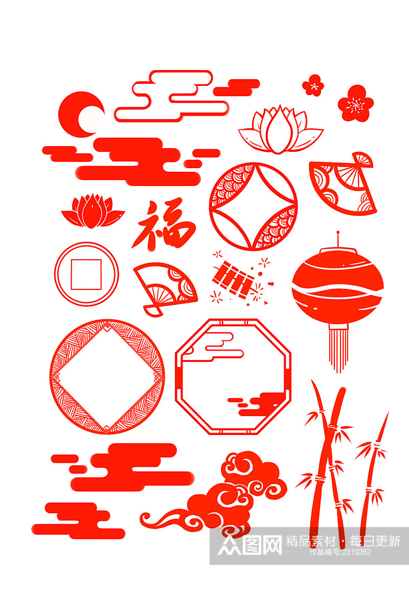 中国传统文化元素红色装饰图案免扣元素素材