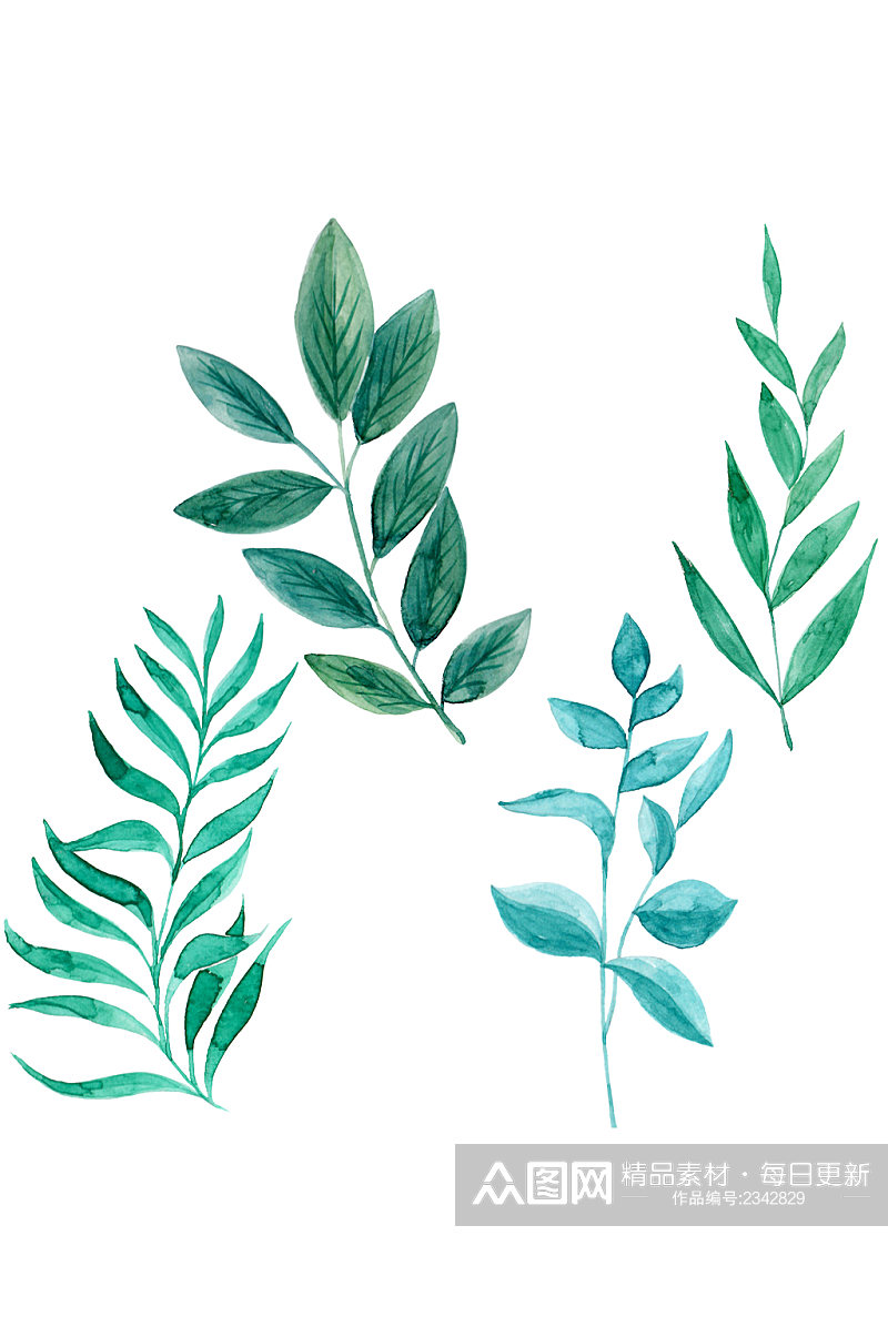 绿色水彩涂鸦手绘叶子植物透明免扣元素素材