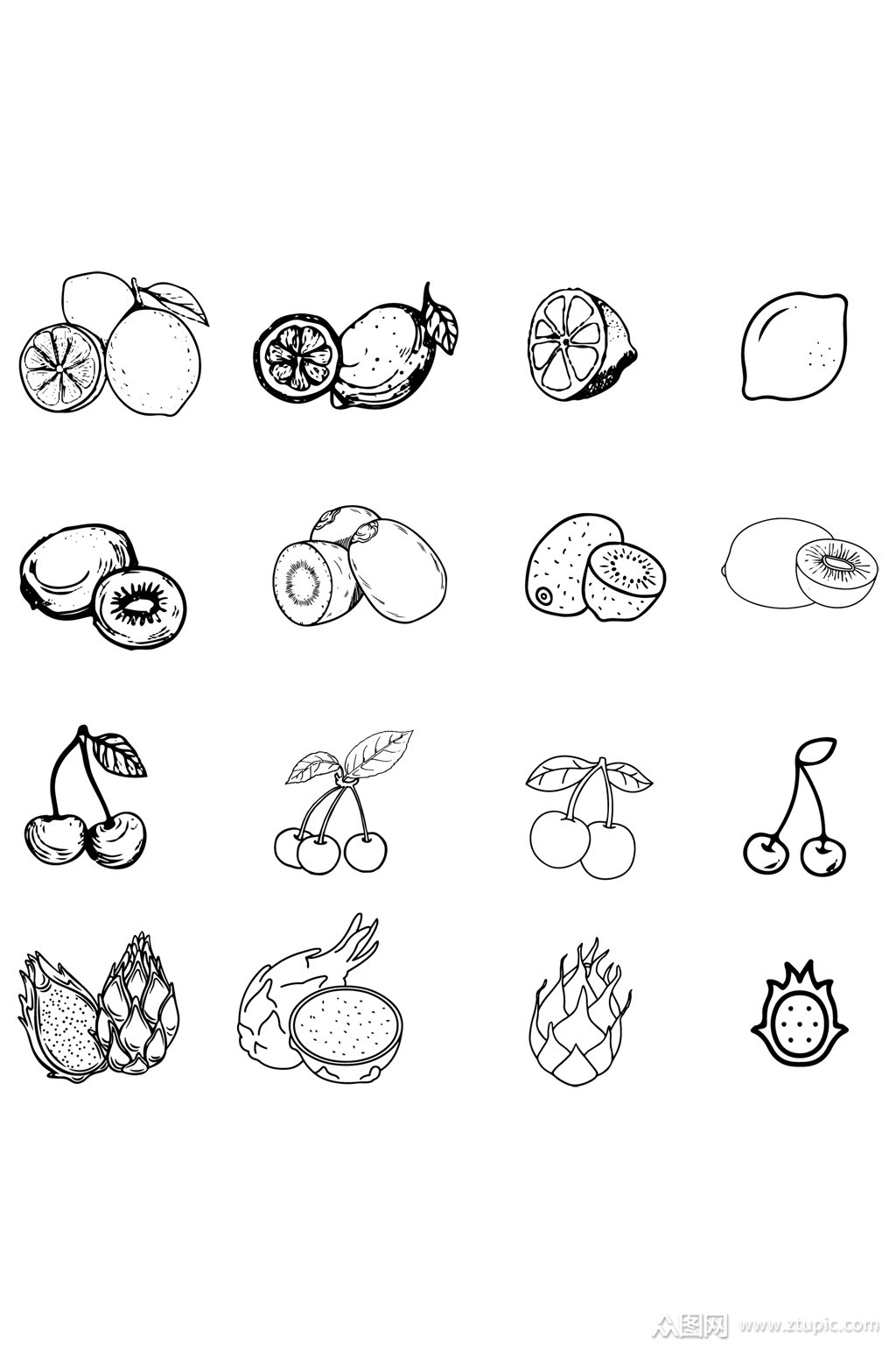 水果柠檬猕猴桃樱桃火龙果线条描免扣元素素材