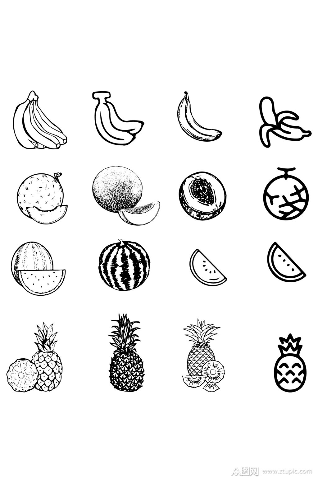 水果香蕉哈密瓜西瓜菠萝线条素描免扣元素素材