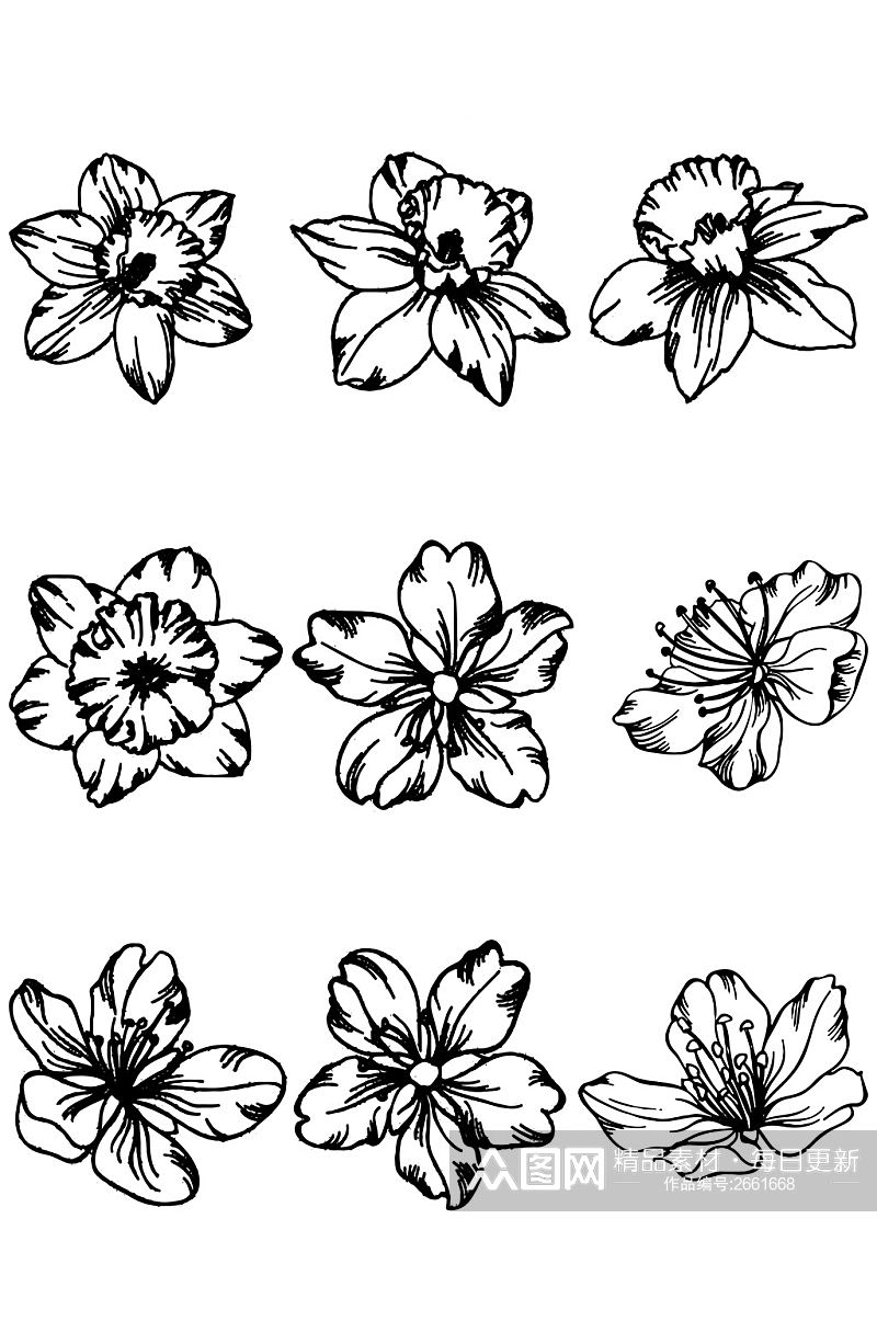 多款花朵花蕾花瓣植物线条图标图案免扣元素素材
