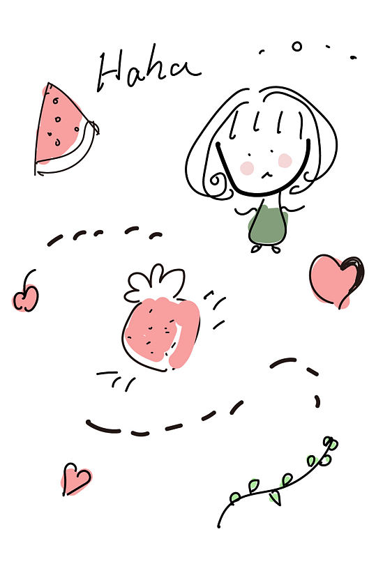手绘小女孩草莓爱心树枝西瓜设计免扣元素