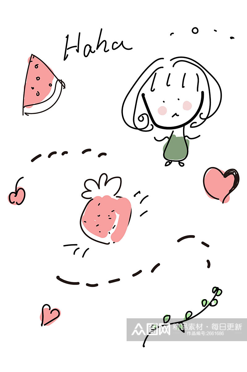手绘小女孩草莓爱心树枝西瓜设计免扣元素素材