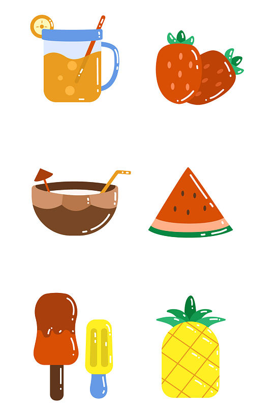 卡通手绘夏季水果素材西瓜饮料冰糕免扣元素