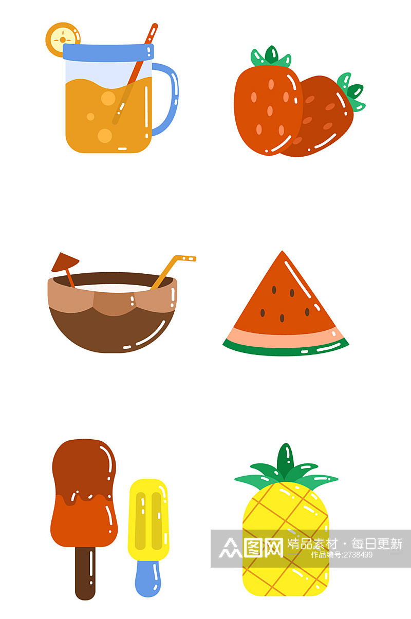 卡通手绘夏季水果素材西瓜饮料冰糕免扣元素素材