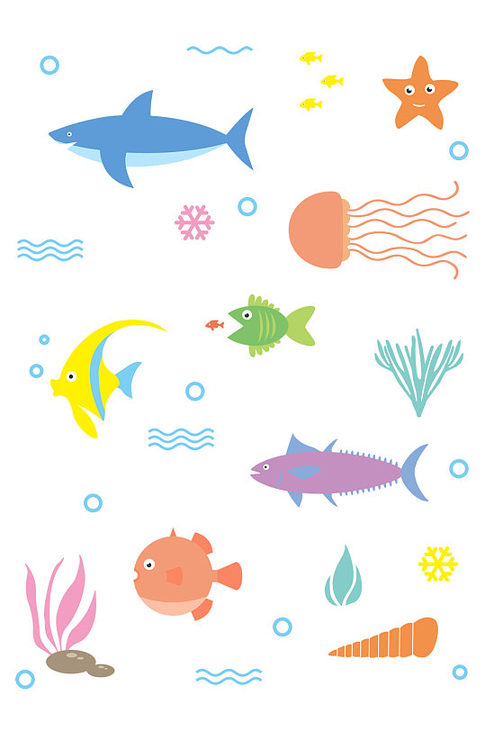 创意卡通海洋动物鲨鱼水母海星珊瑚免扣元素