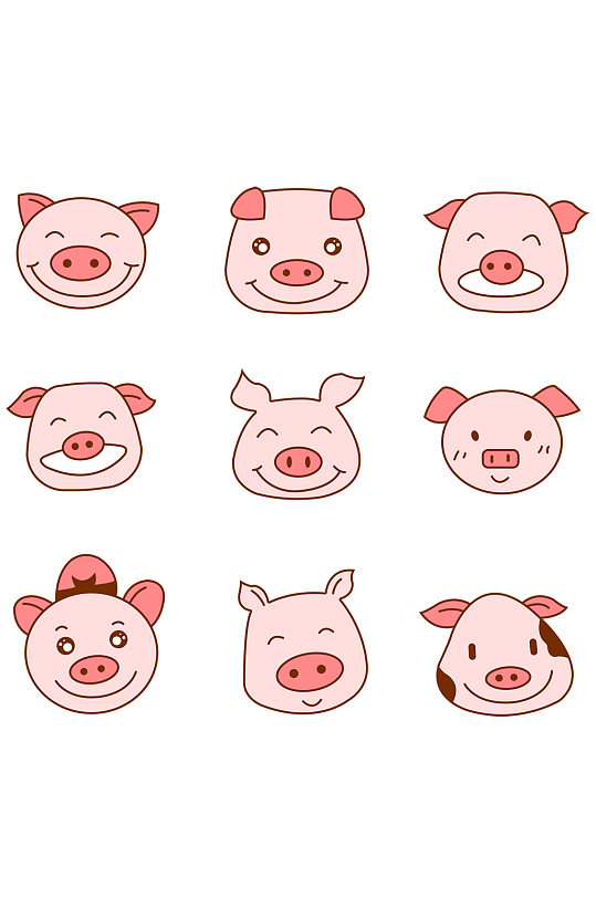 可爱简笔画猪猪卡通动物免扣元素