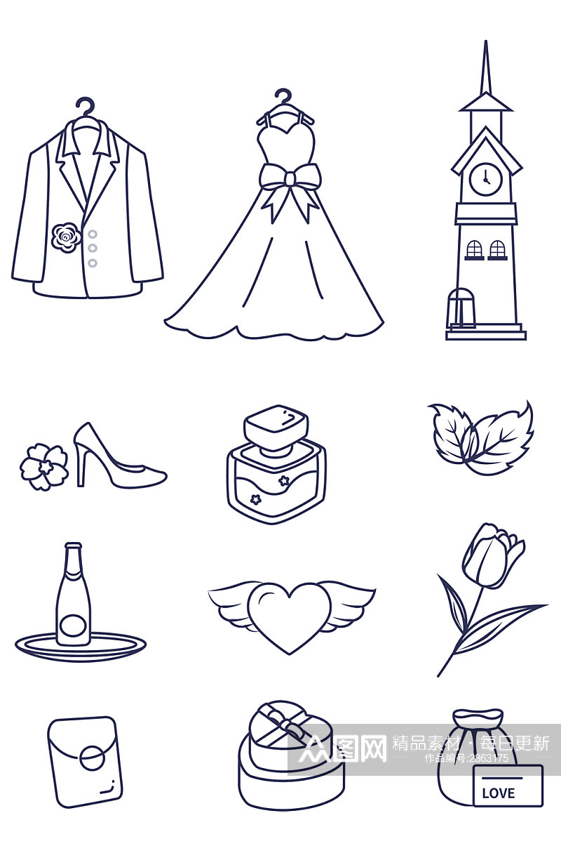线型图标元素婚礼装饰浪漫免扣元素素材