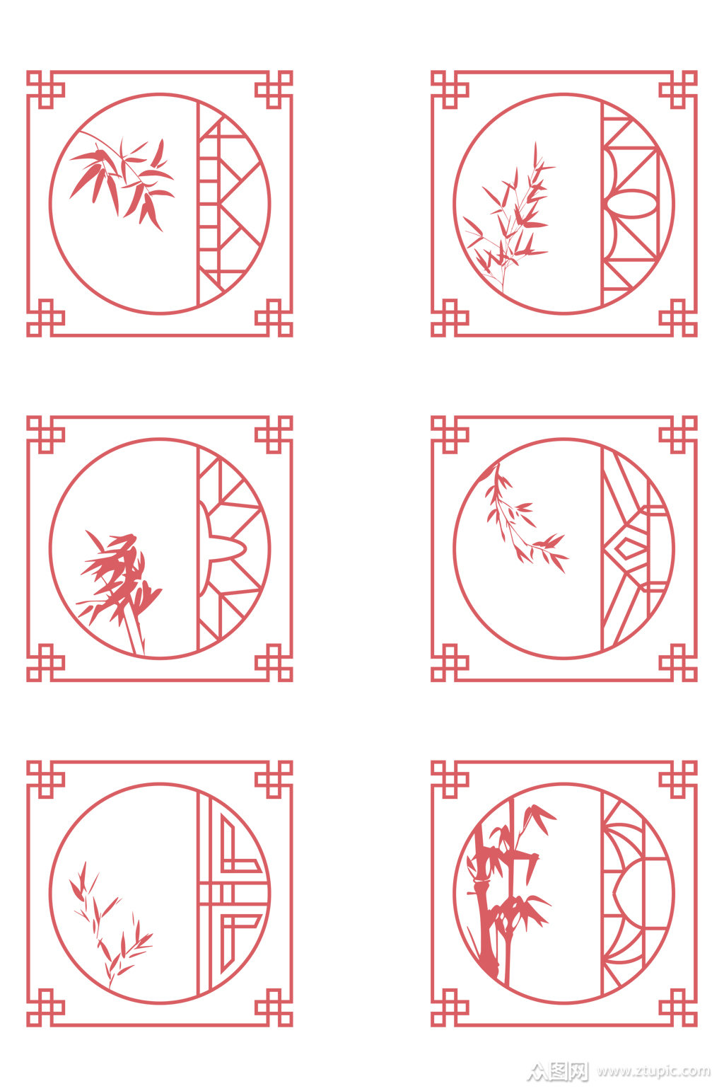 中式边框中国古典竹子窗花圆形边框免扣元素