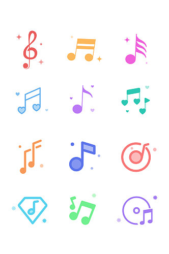 手绘小清新多彩音符音乐图标免扣元素