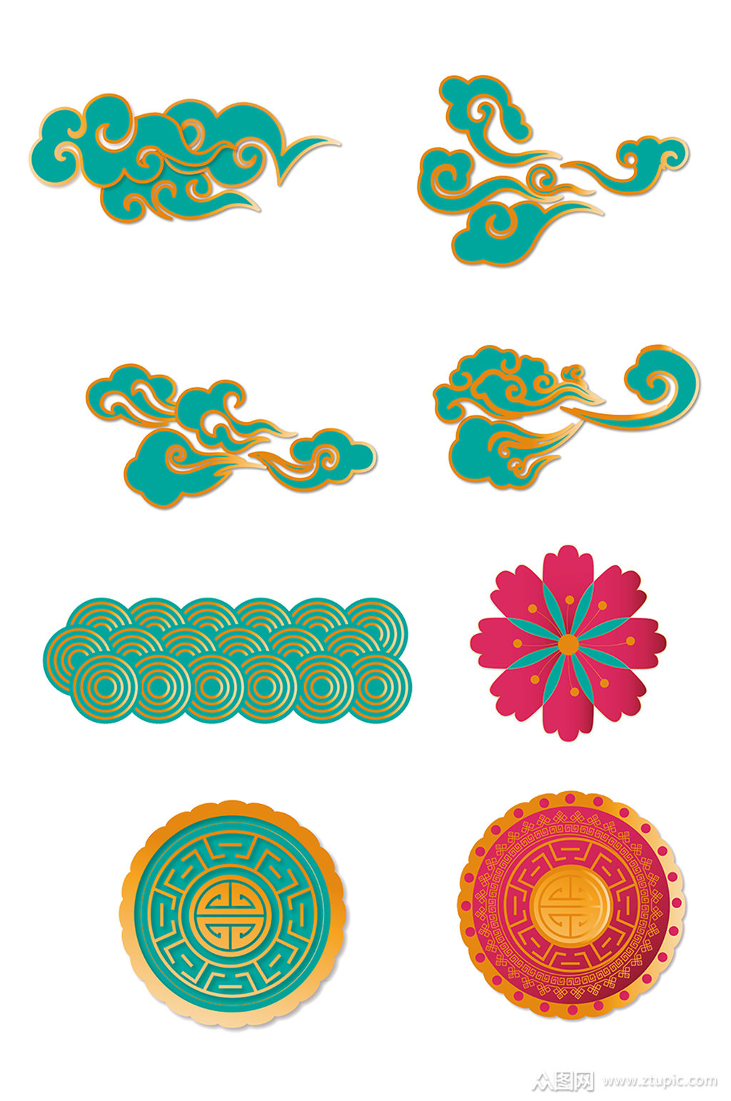 中国风传统节日中秋祥云波朵月饼免扣元素素材