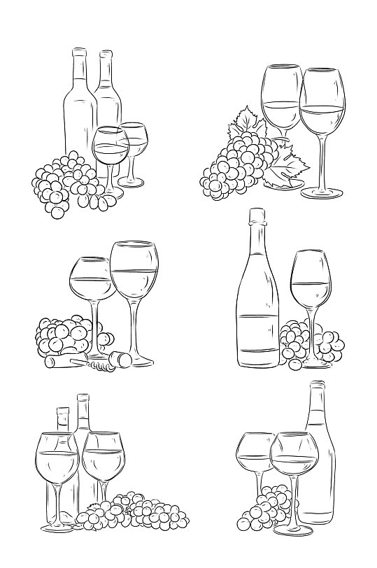 手绘红酒葡萄酒设计插画免扣元素