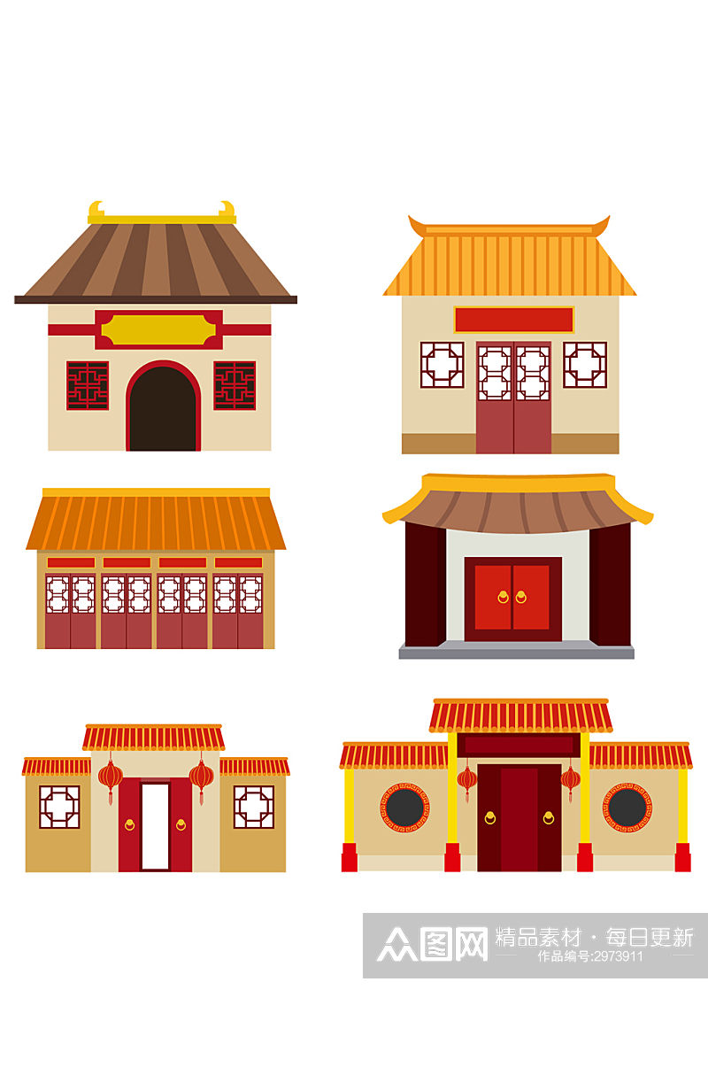 扁平化中国风古建筑设计免扣元素素材