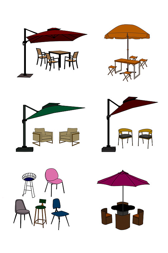 手绘遮阳伞椅子餐厅咖啡厅桌椅免扣元素