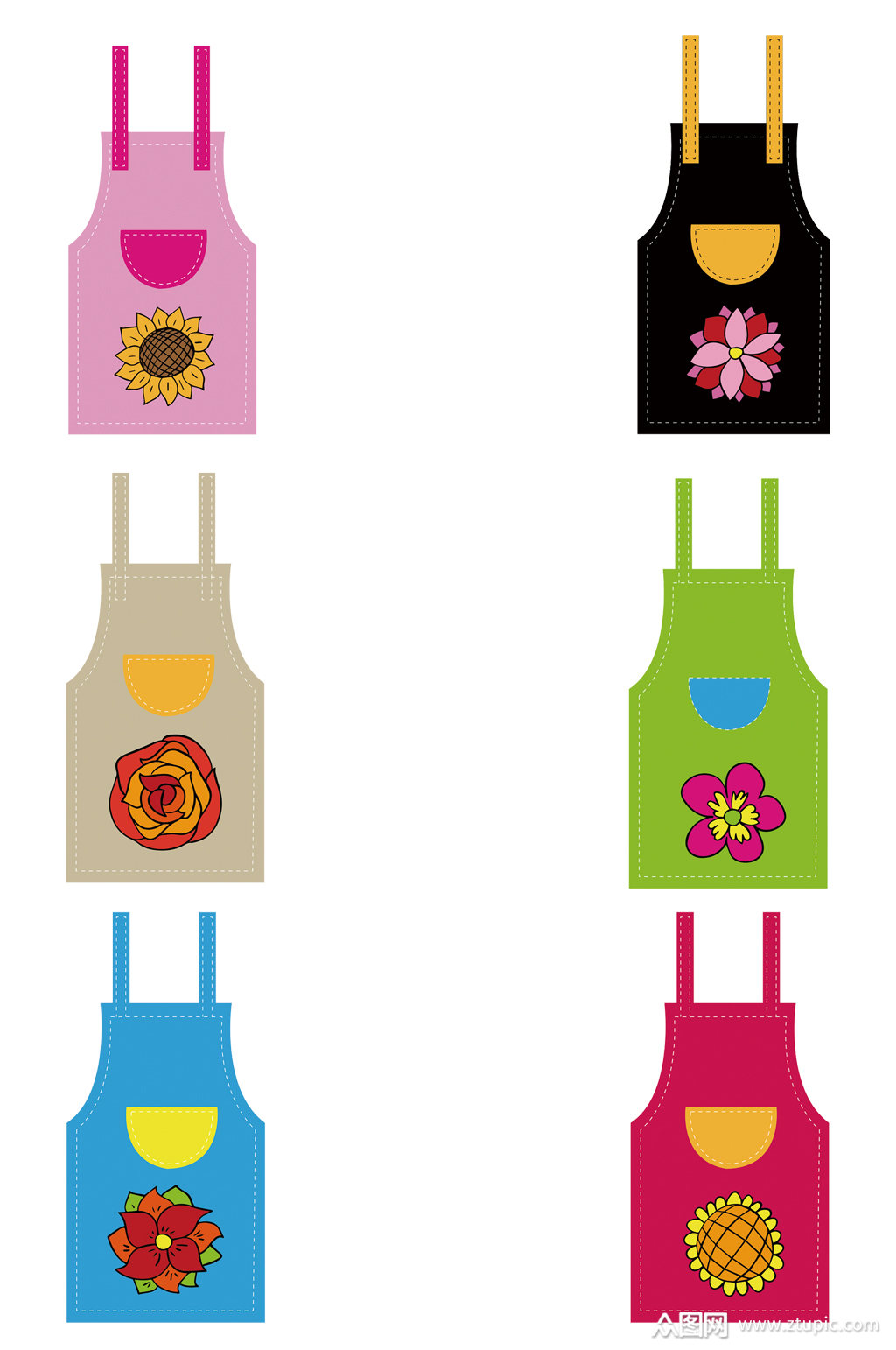 卡通艳丽花朵图案围裙套图免扣元素素材