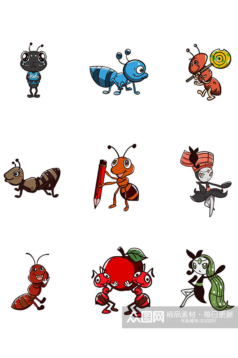 可爱卡通拟人蚂蚁图案装饰免扣元素素材
