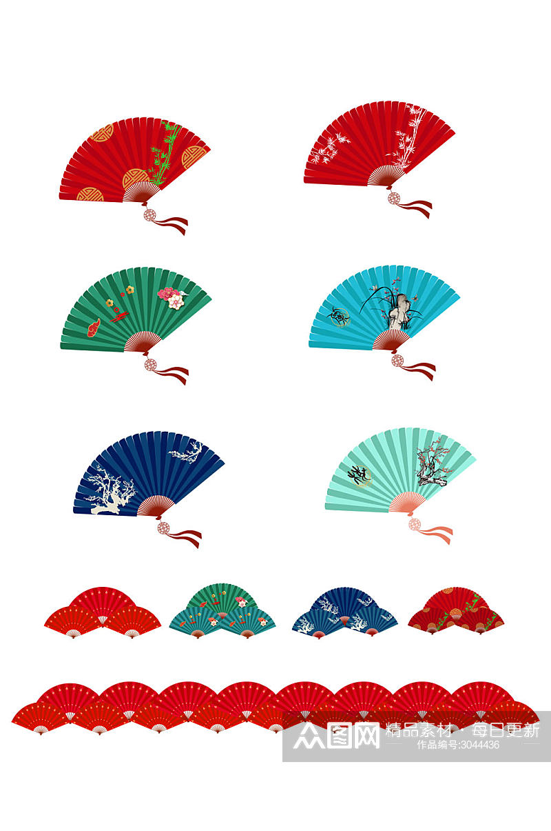 复古国潮扇子古典中国风春节插画免扣元素素材