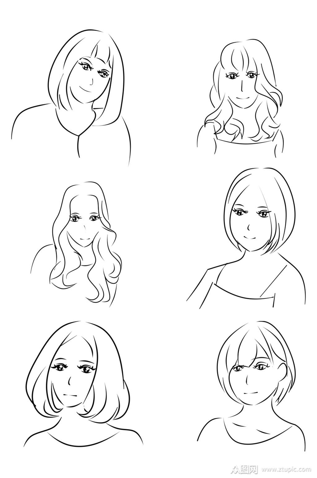 卡通素描手绘发型线条图线稿美女免扣元素素材