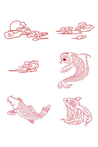梦幻传统云纹金鱼锦鲤吉祥图案手绘免扣元素
