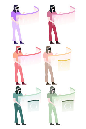 戴VR眼镜体验VR的女子多色免扣元素
