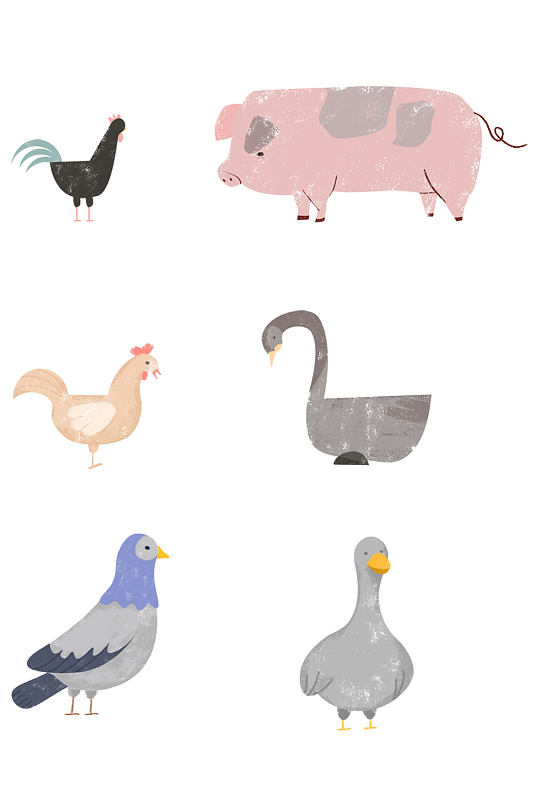 鸡鸭鹅猪家畜手绘动物元素卡通免扣元素