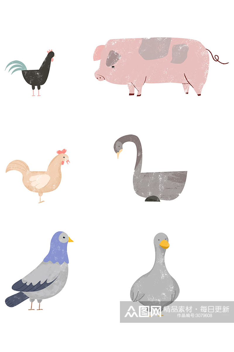 鸡鸭鹅猪家畜手绘动物元素卡通免扣元素素材