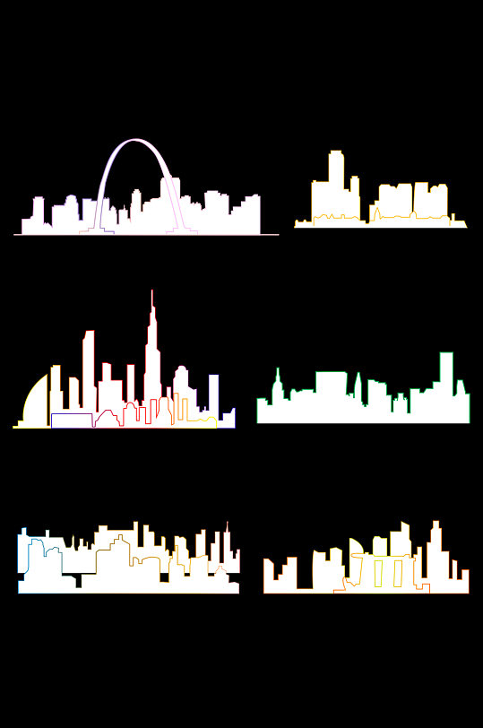 一组描线城市剪影免扣元素