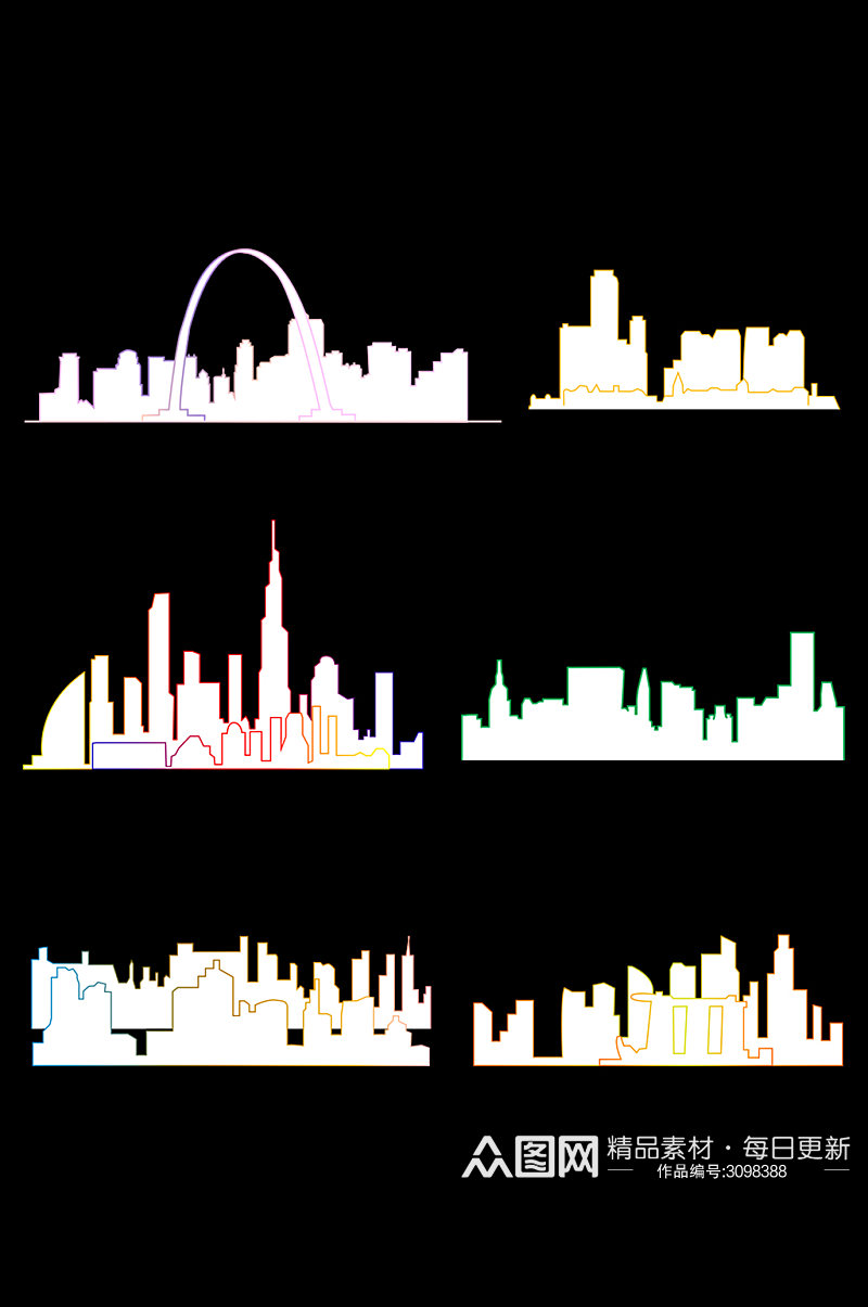 一组描线城市剪影免扣元素素材