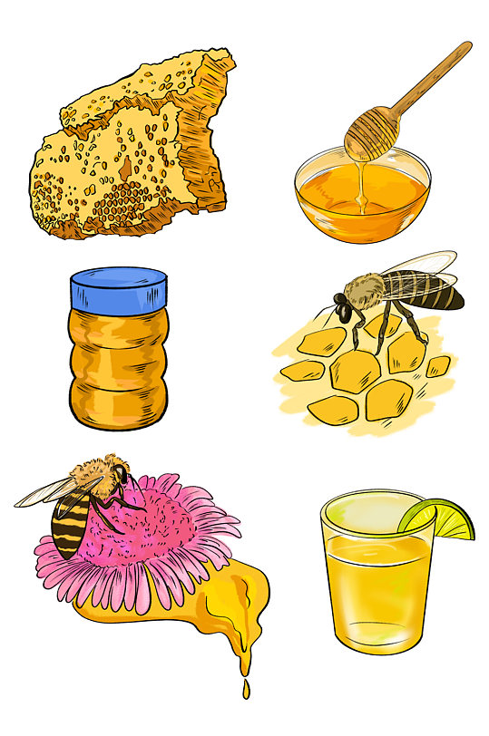 手绘蜂蜜素材蜜蜂蜂王浆免扣元素