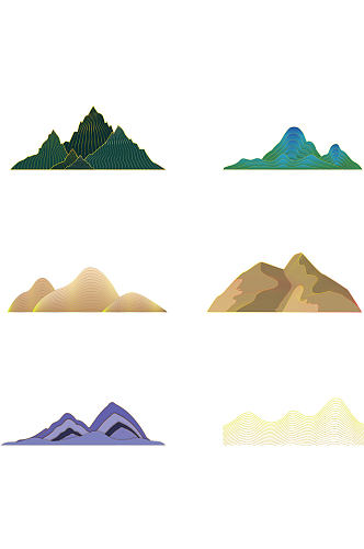 中式国潮描边金纹山川图标图案免扣元素