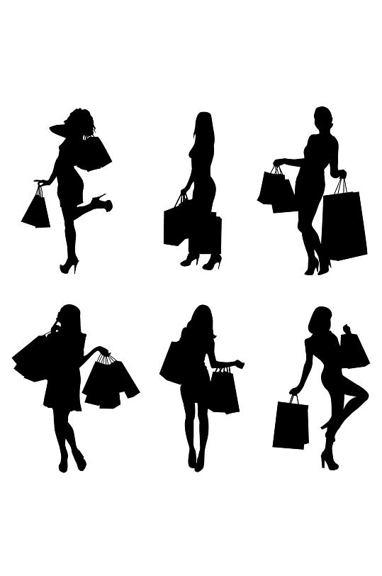 黑色女性购物消费商场拎包剪影装饰免扣元素