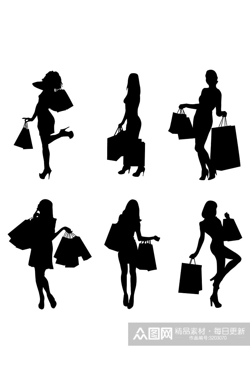 黑色女性购物消费商场拎包剪影装饰免扣元素素材