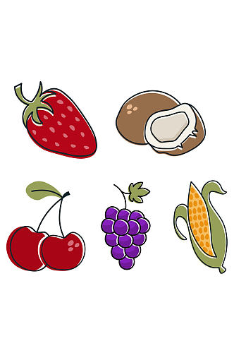 卡通手绘水果草莓樱桃葡萄玉米装饰免扣元素