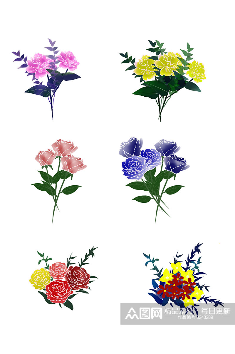 手绘彩色鲜花卡通透明装饰合集免扣元素素材