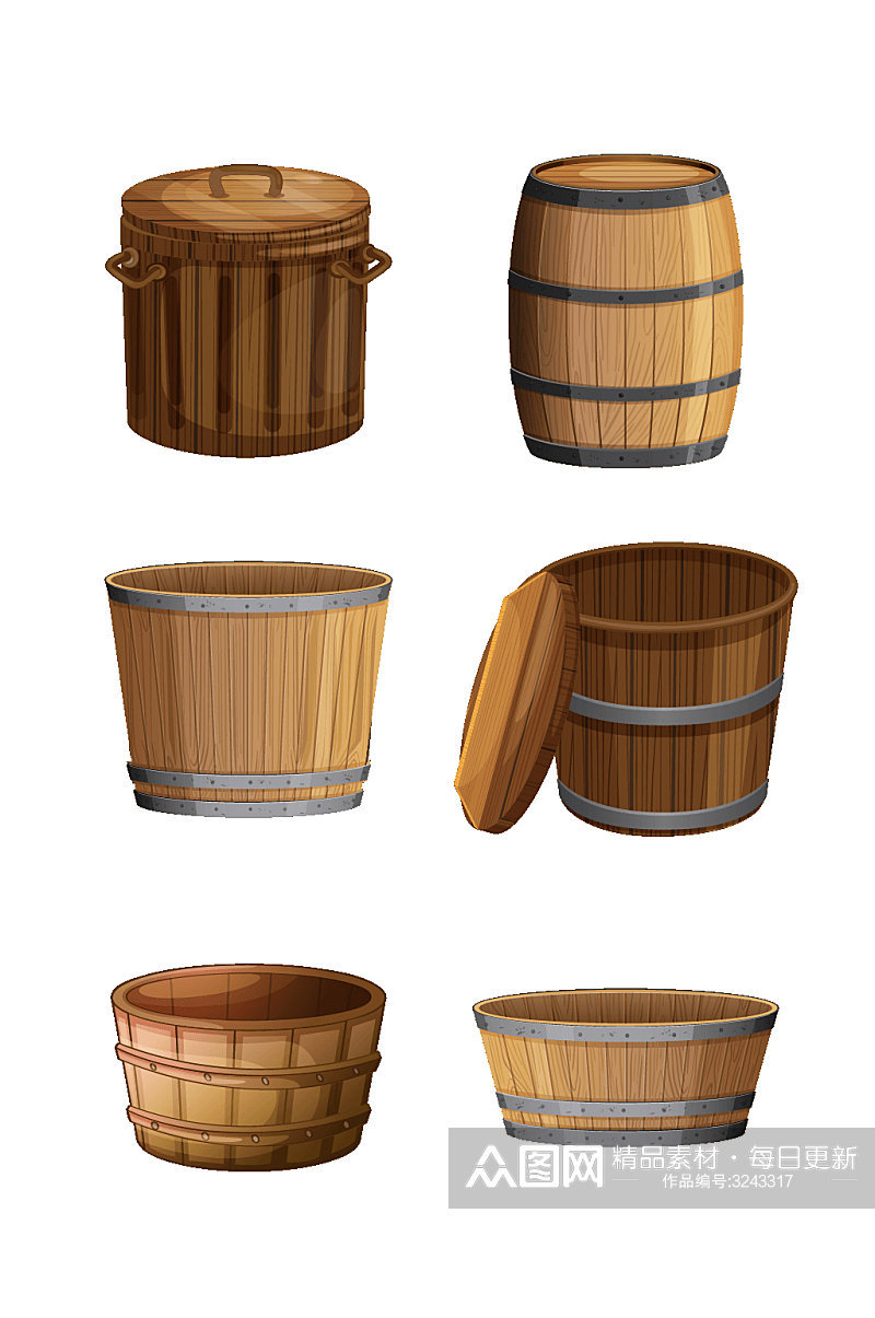 手绘木盆木桶盛具装载图案图形免扣元素素材