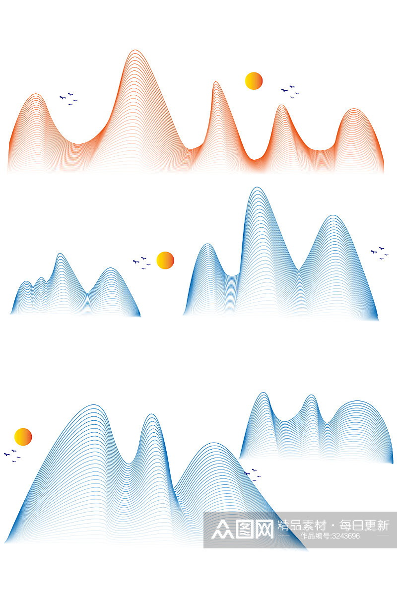 线条山水装饰新中式中国风传统免扣元素素材