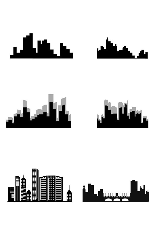 一组黑色城市楼房系城市剪影免扣元素