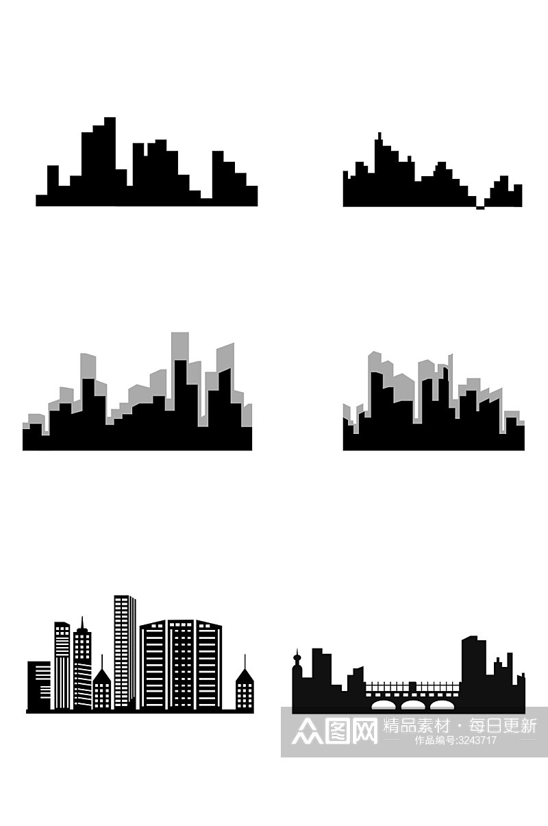 一组黑色城市楼房系城市剪影免扣元素素材