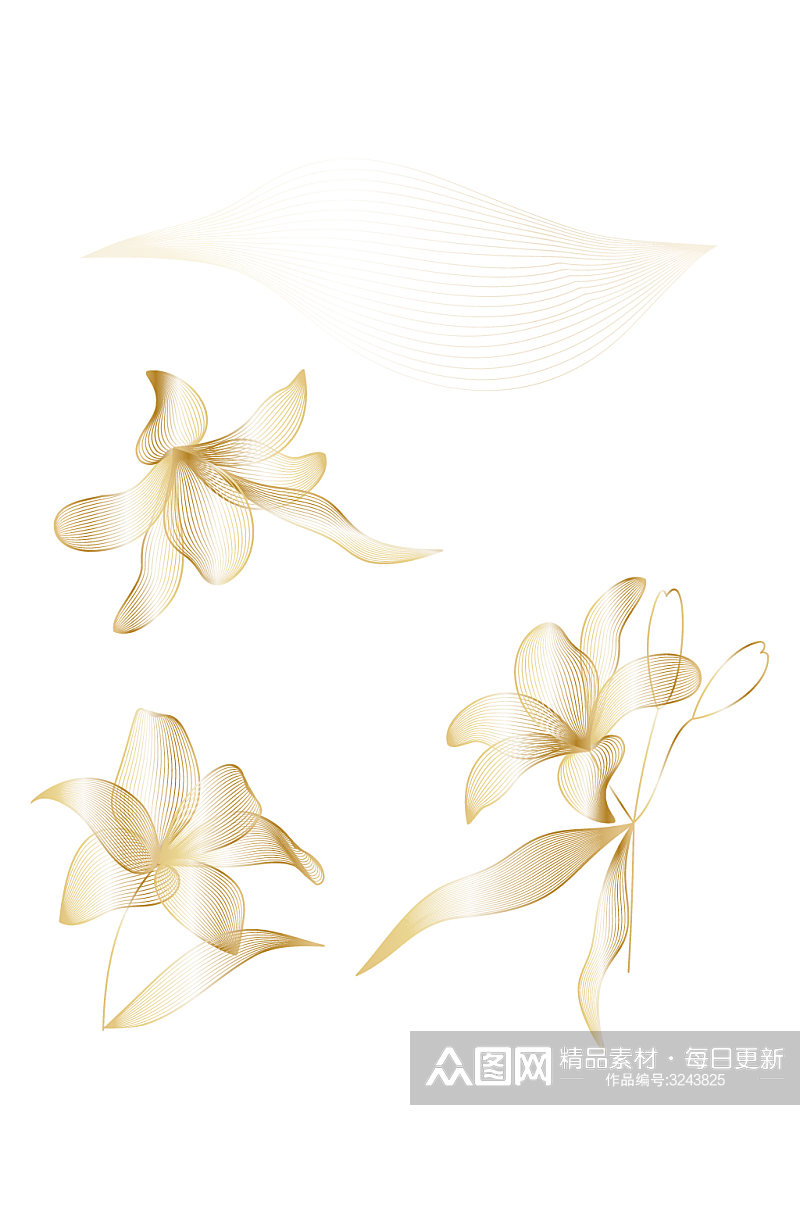 中式简约轻奢金色花朵花卉尺量免扣元素素材