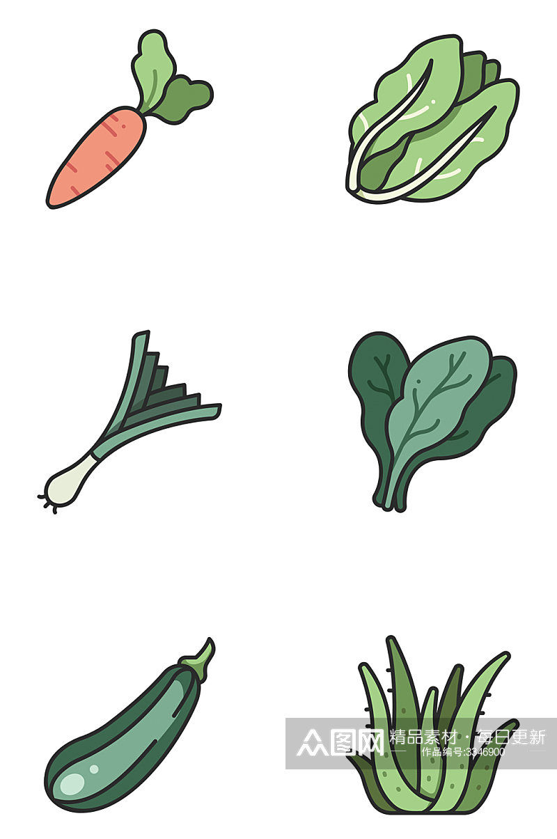 手绘绿色青菜蔬菜萝卜茄子葱白菜免扣元素素材
