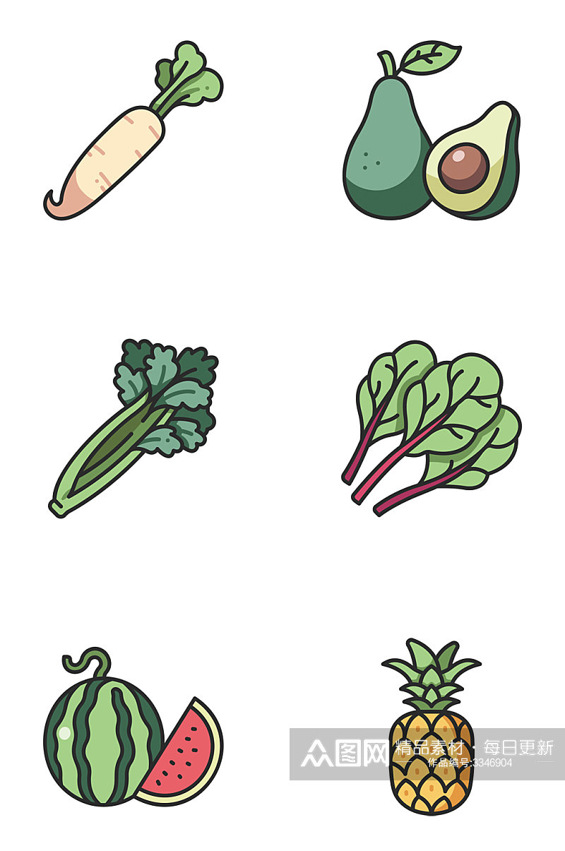 手绘绿色青菜蔬菜水果萝卜西瓜菠萝免扣元素素材
