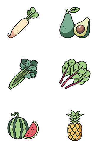 手绘绿色青菜蔬菜水果萝卜西瓜菠萝免扣元素