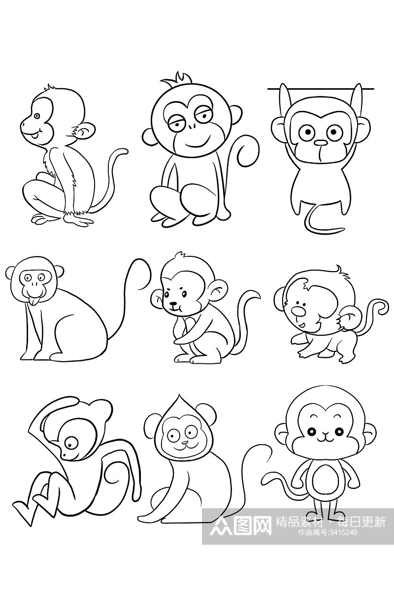 手绘卡通漫画简笔画猴子免扣元素素材