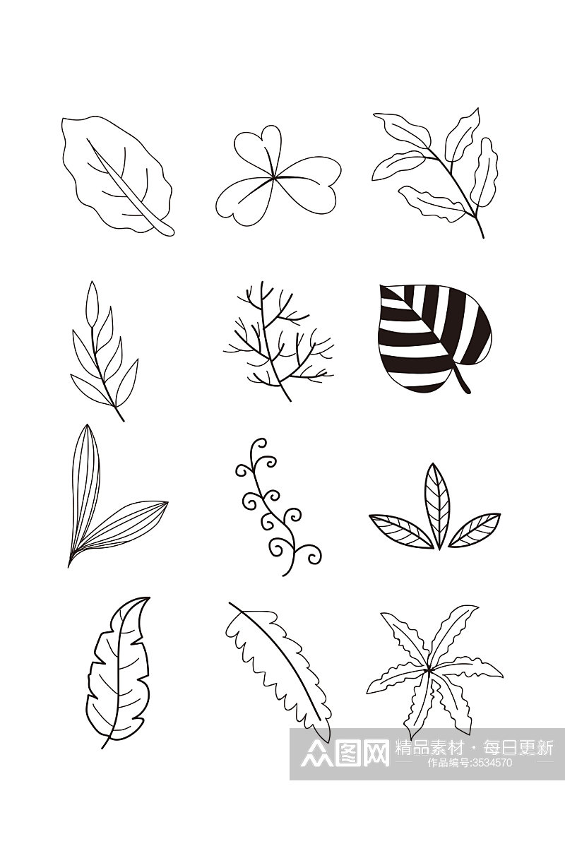 植物简笔画叶子线图线条设计素材免扣元素素材